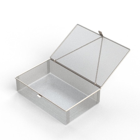 Anysizebasket Light Duty Basket: 12Lx8Wx3H, 304 SS, Hinged Lid with Thumb Clasp, No Handles, Mesh: 4 x .032 FLB-120080030-L04S